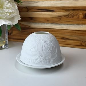 White Porcelain Dome Lithopane Candle Holder, Tealight Fariy Light, Rose Floral